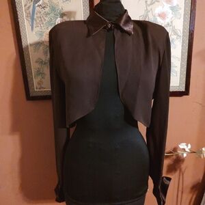 💎🤎💎Divine Vtg 90s Chocolate Brown Sheer & Satin Rhinestone Evening Jacket - 4